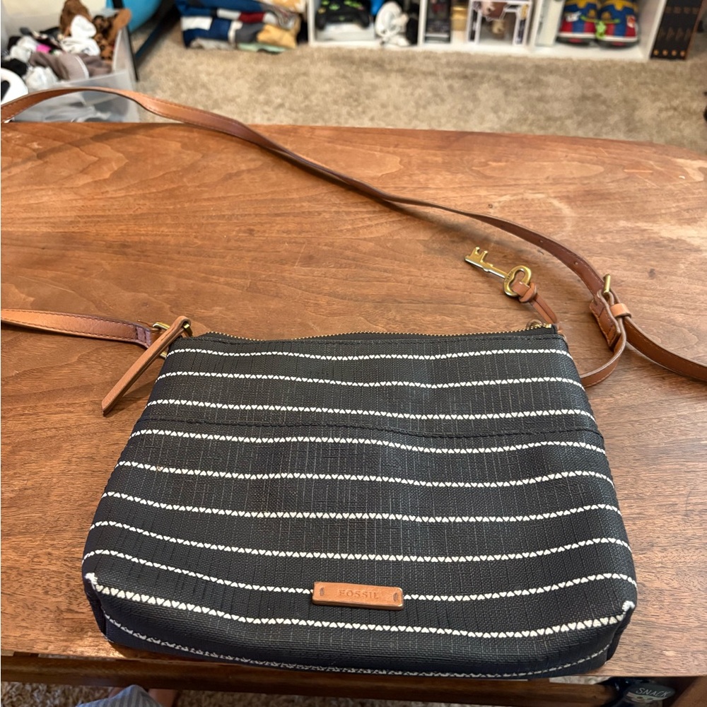 Fossil Black and White Hearts Striped Crossbody Bag